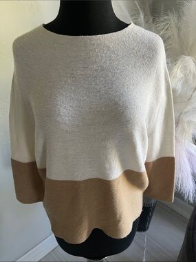 Women's Ivory and Camel Colorblock Crewneck Sweater